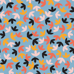 Multicolored abstract leaves seamless repeat pattern. Random placed, vector botany aop, all over surface print on light blue background.