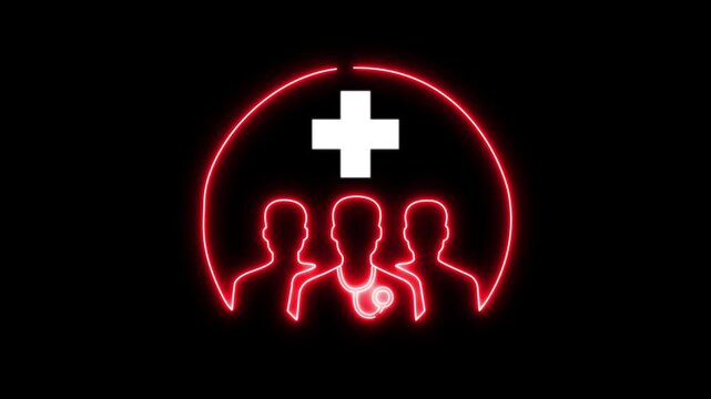 An animated neon icon of a medical team under a cross. Represents professional healthcare service, medical staff, doctor collaboration and hospital support. 4k video animation