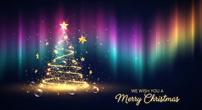 Magical christmas background with a sparkling tree, aurora lights, and the message we wish you a merry christmas for a festive holiday season