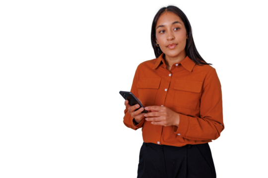 Young woman holding smartphone, thinking, looking away, reflecting on connection and technology, transparent background - Powered by Adobe