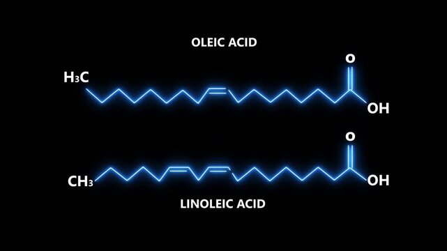 Oleic Acid and Linoleic Acid Chemical Structures on black Background.