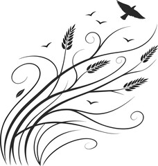 Abstract floral vector design element pattern with black plant leaf silhouette and ornate scroll swirl decoration