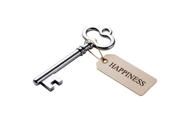 Antique metal key with a tag labeled happiness isolated on transparent background