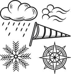 Vintage vector illustration set of weather icons and nautical elements drawing