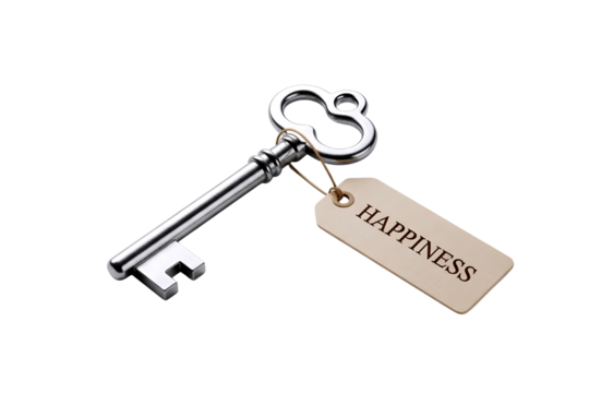 Antique metal key with a tag labeled happiness isolated on transparent background