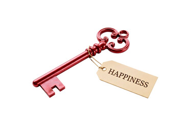 Ornate antique red key with a tag labeled happiness isolated on transparent background