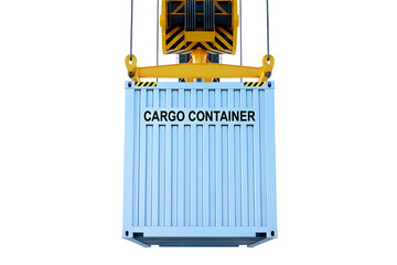 Blue cargo container being lifted by a yellow crane spreader isolated on transparent background
