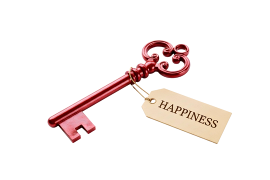 Ornate antique red key with a tag labeled happiness isolated on transparent background