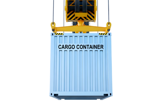 Blue cargo container being lifted by a yellow crane spreader isolated on transparent background