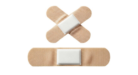 Beige medical adhesive plasters in a strip and cross shape for wound care and treatment
