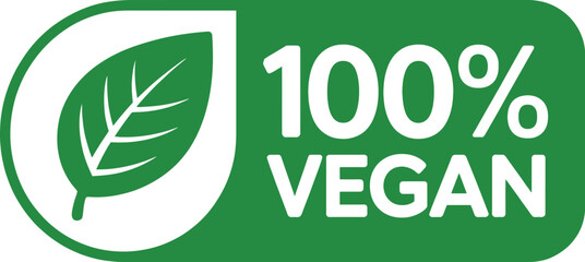100% Vegan certified product label or stamp featuring a simple green leaf icon, symbolizing ethical, plant-based, and animal-free ingredients.