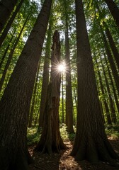 Obraz premium Sunlight filters through dense tree canopies, illuminating ancient wooden trunks with intricate bark textures, creating a serene natural woodland scene ,earthy ,branches ,beauty