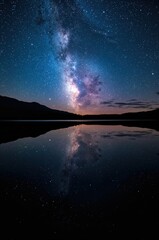 Stunning Milky Way galaxy reflected in tranquil lake under a starry night sky, inspiring awe and wonder