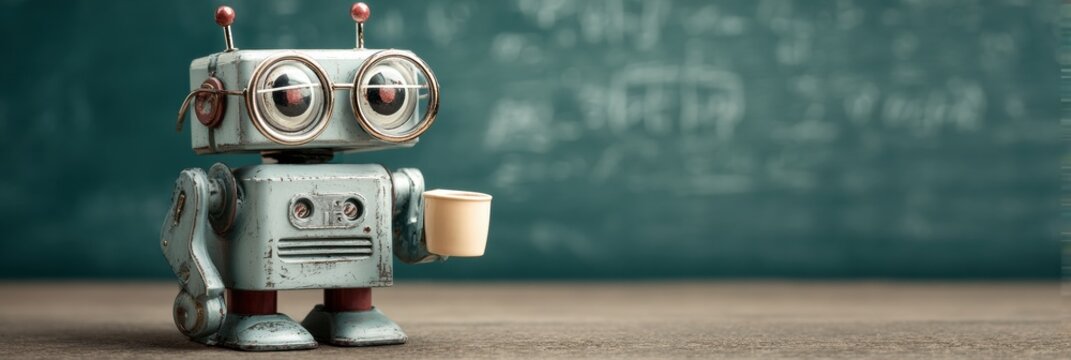 Robot Teacher in a Classroom Holding Glasses and Chalk Ready to Educate Students About Science and Mathematics