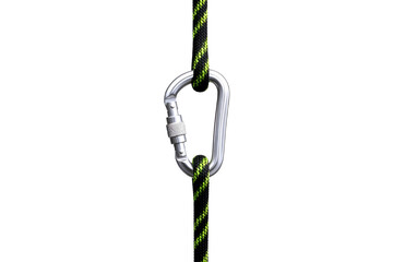 Close up of a silver carabiner clipped onto a thick climbing rope with yellow and green accents isolated on transparent background