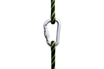 Close up of a silver carabiner clipped onto a thick climbing rope with yellow and green accents isolated on transparent background