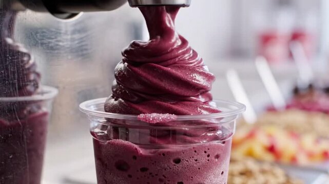 Close-up of Inviting A&ccedil;a&iacute; Being Dispensed from a Machine into a Cup