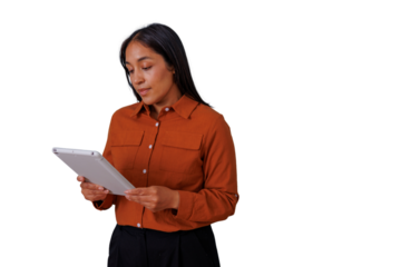 Woman holding tablet, reading content, using digital device for business work on transparent background