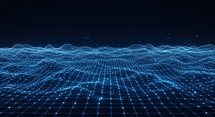 Abstract blue digital landscape with glowing nodes and lines grid network technology data futuristic connection wave background pattern