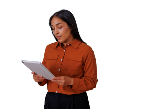Woman holding tablet, reading content, using digital device for business work on transparent background - Powered by Adobe