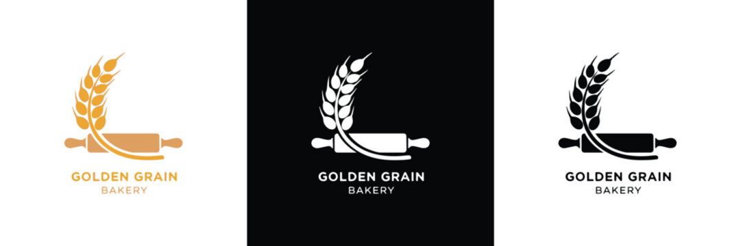 Three logo designs for Golden Grain Bakery, featuring wheat and rolling pin in gold, black, and white color schemes. Ideal for branding.