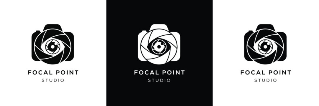 Three sleek camera logos with 'Focal Point' text in black and white, ideal for photography branding and design projects.