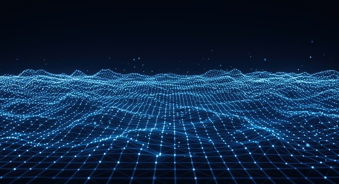 Abstract blue digital landscape with glowing nodes and lines grid network technology data futuristic connection wave background pattern - Powered by Adobe