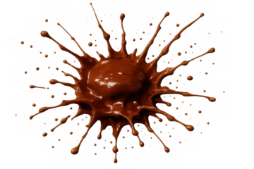 Chocolate liquid splashing with dynamic motion, creating an expressive shape and spreading drops. Transparent background