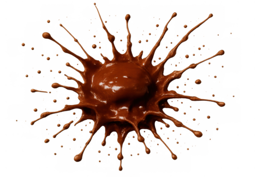 Chocolate liquid splashing with dynamic motion, creating an expressive shape and spreading drops. Transparent background