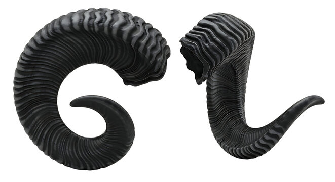 A striking pair of dark, ridged, and curled demonic ram horns isolated on a white studio background - Powered by Adobe