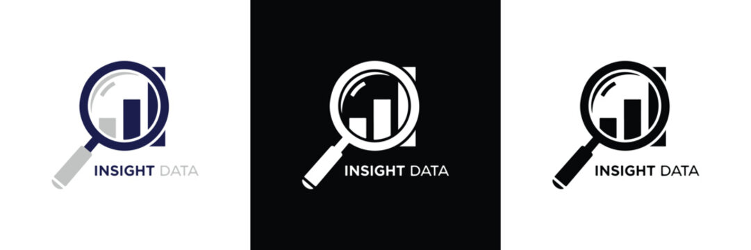 Three logos featuring magnifying glasses and bar graphs, symbolizing data analysis and insight. Clean, modern design for branding.