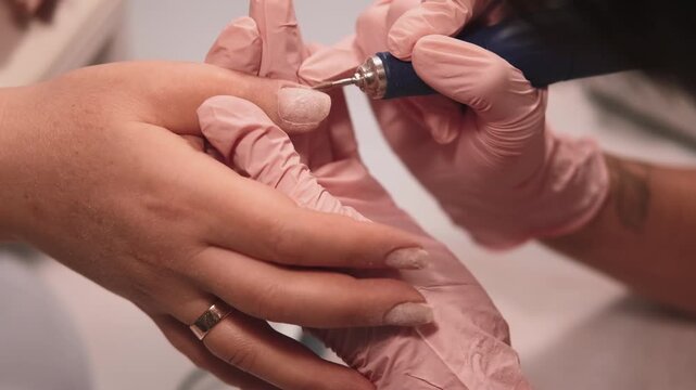 Nail care. Drill polish remover. Female manicurist holding clients hands using automatic electric equipment for doing gel manicure.