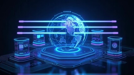 A vibrant 3D holographic globe surrounded by futuristic data panels and glowing neon elements, representing global connectivity, technology, and digital innovation in a virtual environment. - Powered by Adobe