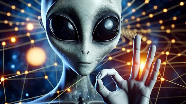 A humanoid alien with large black eyes and gray skin makes an 'OK' gesture. The background features glowing lights and a digital network design.