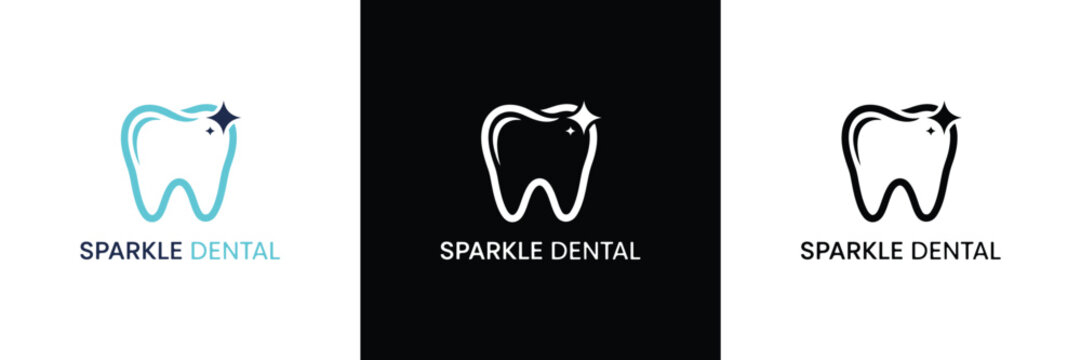 Three distinct dental logos with tooth and star icons, showcasing monochrome and blue color schemes for branding.