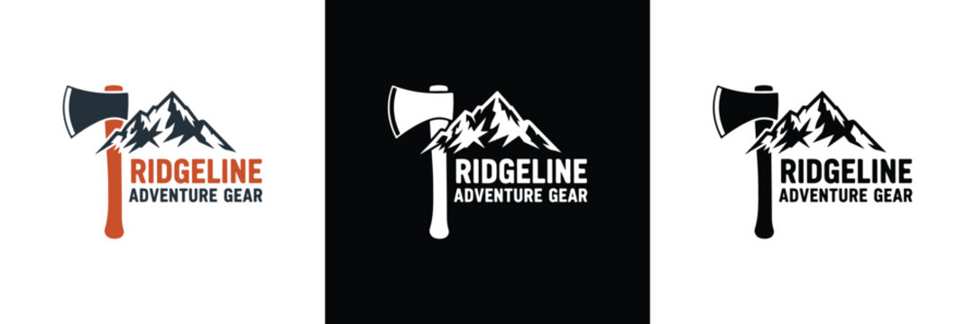 Three logo variations for Ridgeline Adventure Gear, featuring mountain and axe designs in black, white, and orange color schemes.