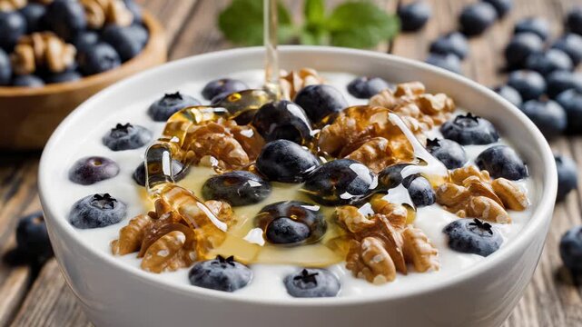 Miel sobre yogur con ar&aacute;ndanos y nueces para un desayuno saludable y delicioso.