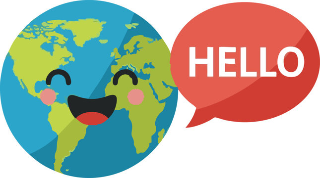 Happy Earth Day Illustration Smiling Globe with Hello Speech Bubble for Global Communication