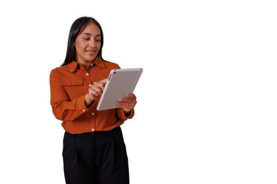 Businesswoman using digital tablet, browsing online content, managing tasks, smiling and engaging with technology