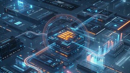High-tech abstract illustration of a futuristic circuit board featuring glowing connections, digital data streams, and analytical graphs, symbolizing technology and innovation in data processing. - Powered by Adobe