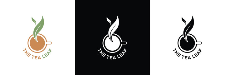 Three variations of The Tea Leaf logo with orange, feather, and leaf motifs in minimalist black and white designs.