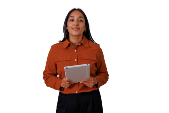 Indian businesswoman showing digital talent holding tablet computer, networking and communicating, transparent background