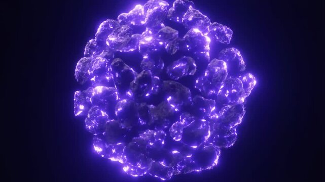 Glowing purple asteroid cluster sphere with mystical energy, rotating slowly in space video footage