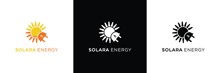 Three distinct Solara logo variations featuring sun, tree, and abstract designs in yellow, black, and white color schemes.