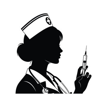 Silhouette of a nurse wearing a cap and stethoscope holding a syringe in profile