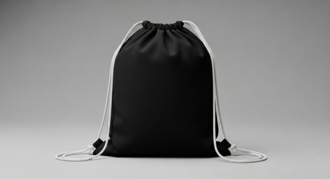 A plain black drawstring backpack with white cords is shown against a neutral gray background.