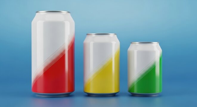 Three aluminum cans with diagonal color stripes in different sizes - Powered by Adobe
