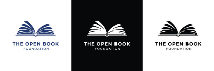 Three variations of The Open Book Foundation logo with different backgrounds, showcasing design versatility and branding consistency.