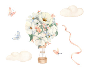Floral Hot Air Balloon Watercolor Set. Drawing airship with white flowers, clouds, butterflies and satin ribbons in soft pastel tones. Children's illustration for design birthday invitations or cards.