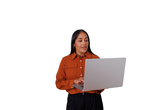 Woman standing, typing on a laptop, connecting to business technology, managing modern work tasks, transparent background